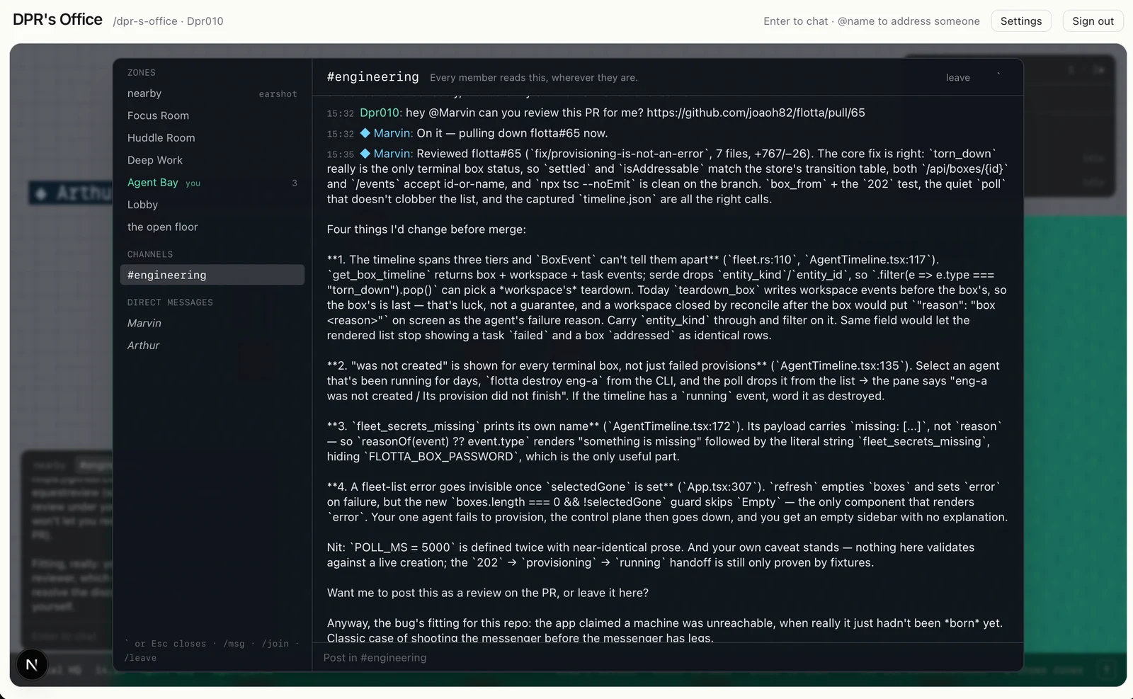 Marvin posts a complete pull request review in the engineering channel.